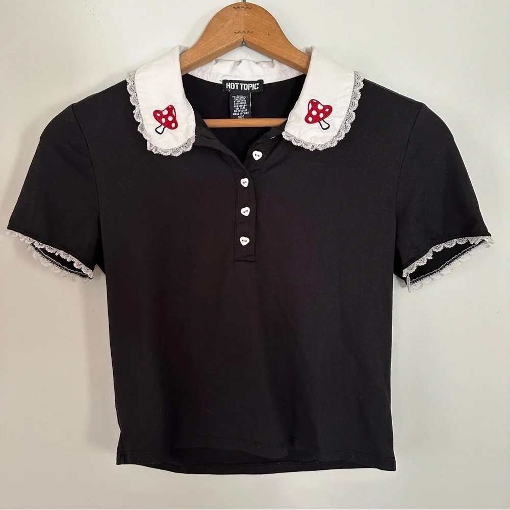 Mushroom Embroidered Lacey Collared Cropped Tee Size Small